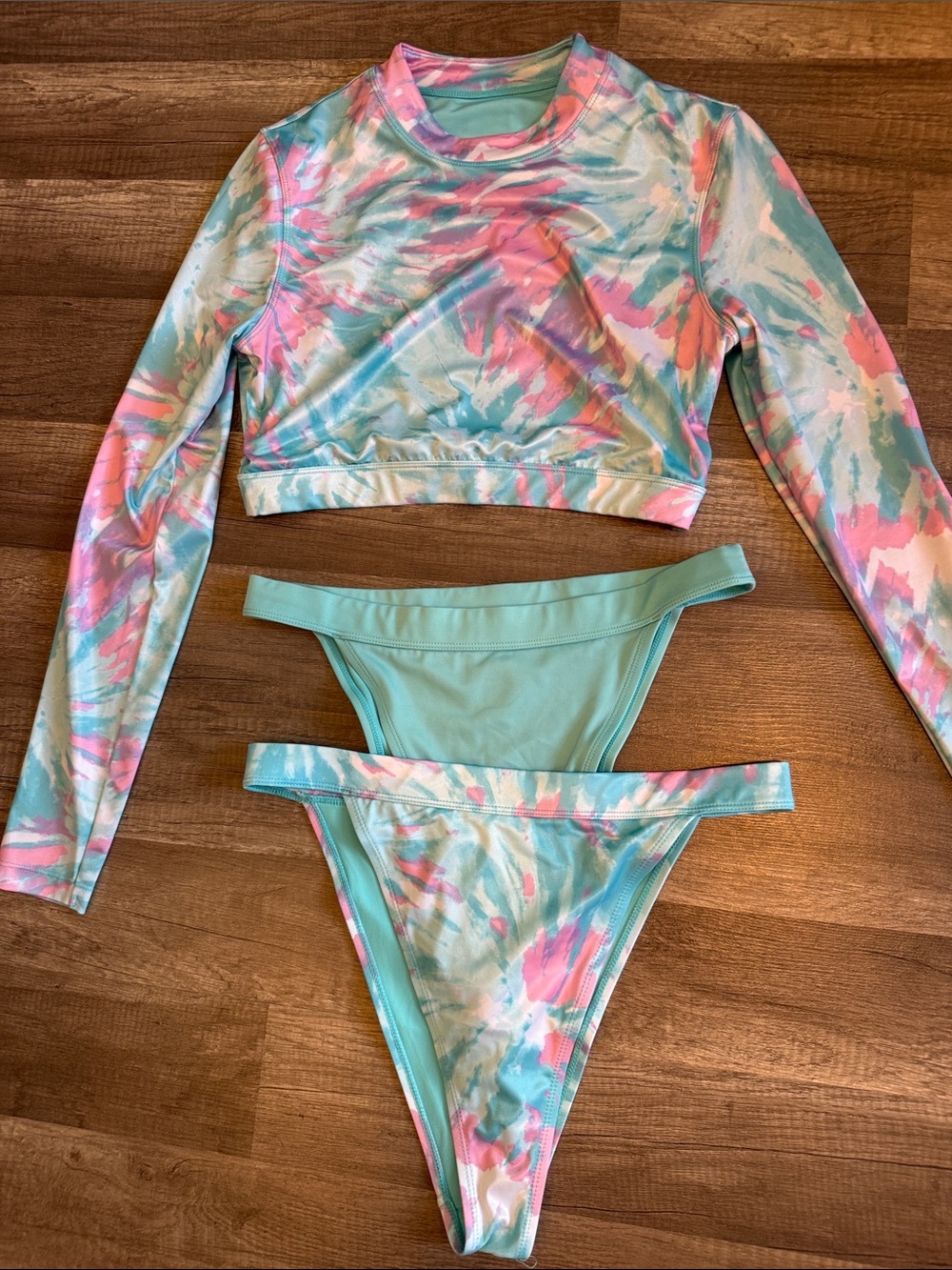 Lazy Wave MED Pastel Tie-Dye Rash Guard Bikini Set (2 bottoms) Pink & Aqua